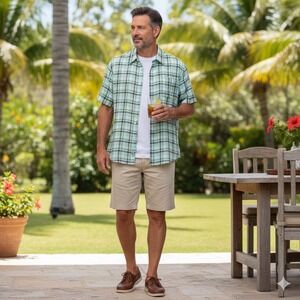 Island‎ Republic Shirt, 100% Linen, Button Front, Plaid Pattern, Blue Green, XL